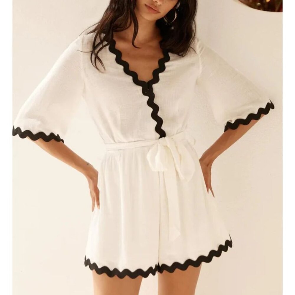 White Cotton Romper with Pockets and Front Buttons, Medium